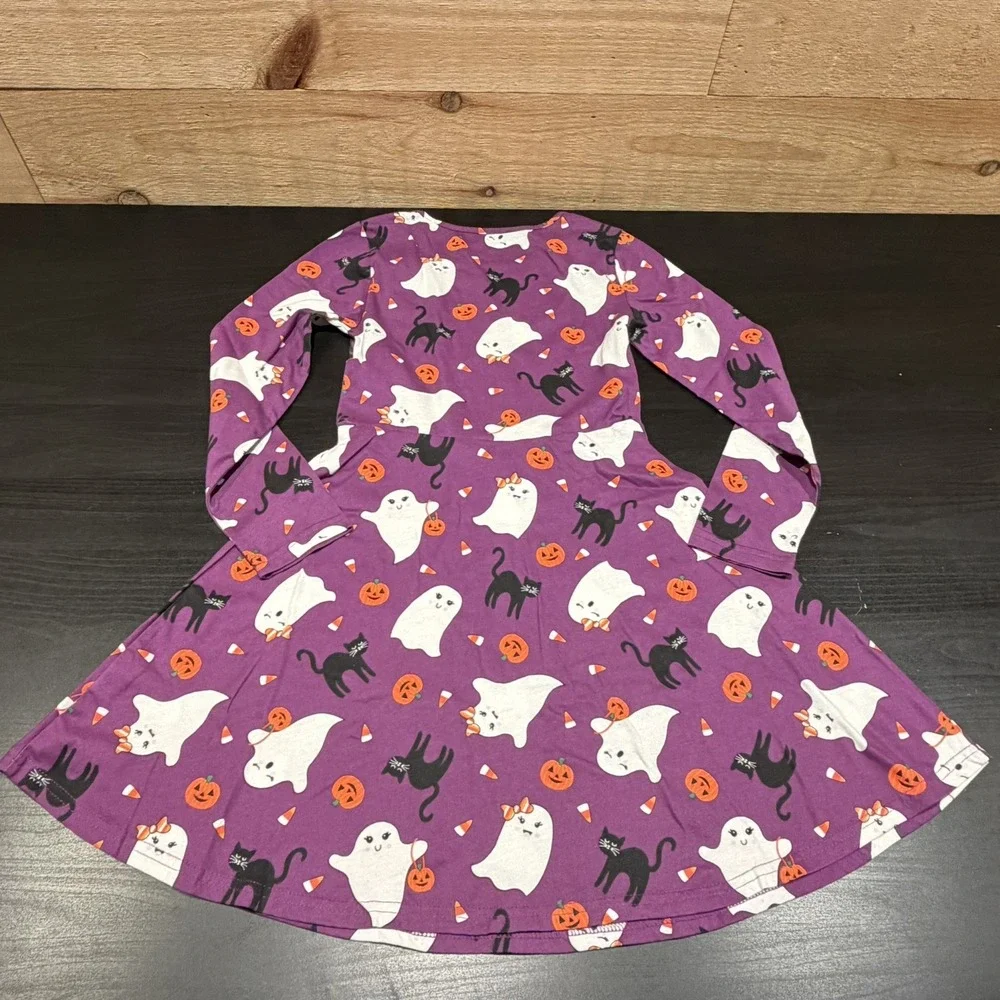 The Children's Place Girls Sz M 7/8 Halloween Fit Flare Knit Dress Ghosts Cats